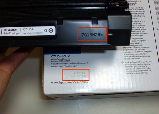 Производственные коды на корпусе картриджа и на коробке